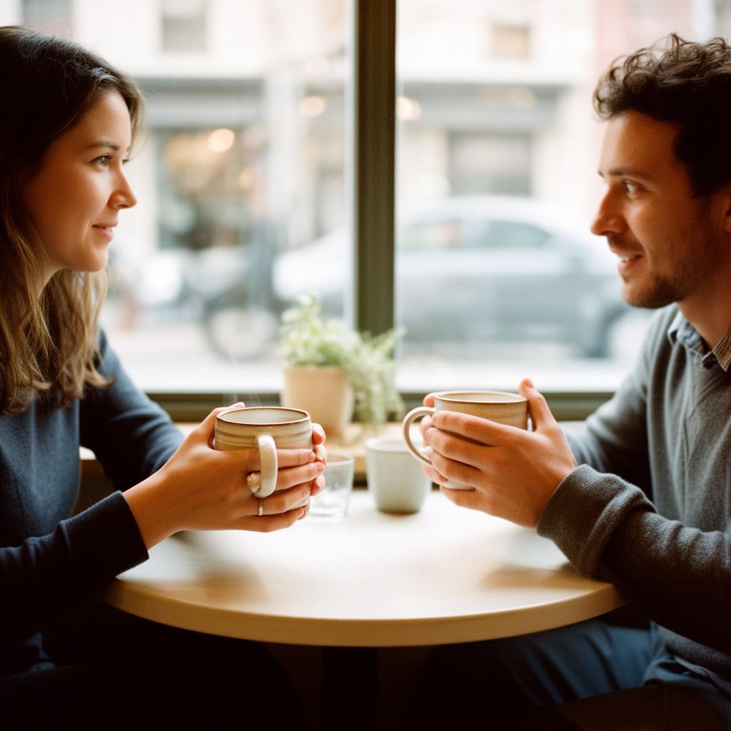 Two friends talking over coffee at a small cafe table