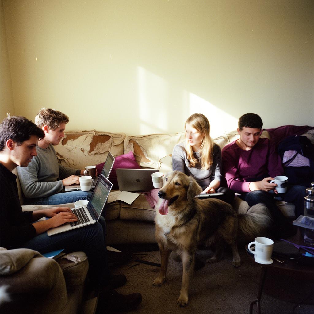 A small group coworking together on a worn living room couch with laptops, mugs and a dog