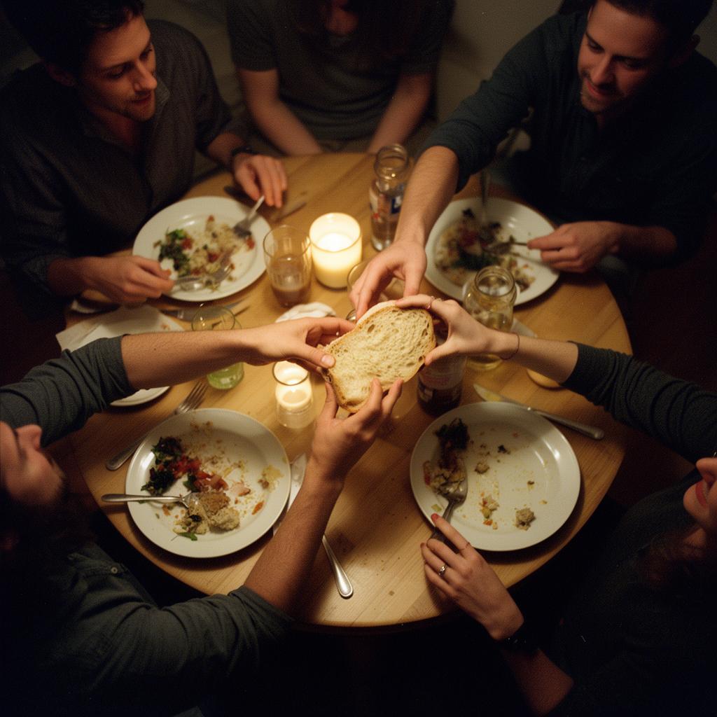 Hands passing bread across a candlelit weeknight dinner table